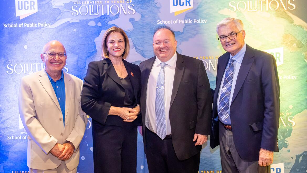 Group photo of Dean Long, Former Dean Deolilikar, Mayor Lock Dawson, Former Mayor Loveridge